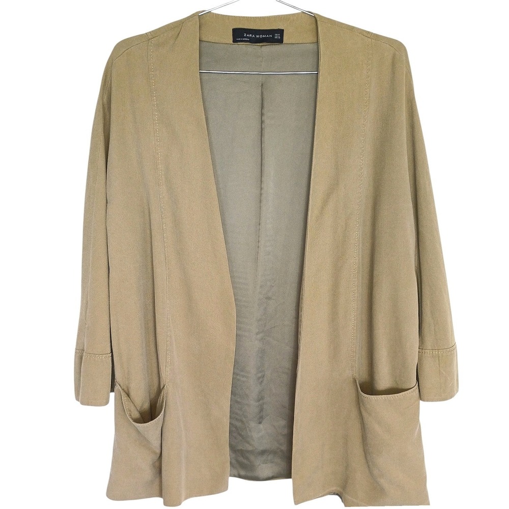 Zara Woman Tan Khaki Open Front Blazer Jacket 3/4 Sleeve Size M Collarless Lined